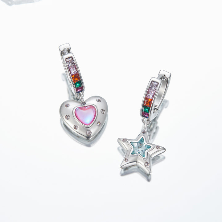 Star & Heart Asymmetrical Charm Hoop Earrings Sweet‑Cool Colorful Gem Unique Earrings
