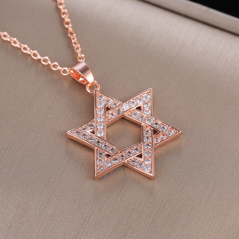 Hexagram Full Diamond Necklace, Rose Gold Star of David Luxury Women Choker