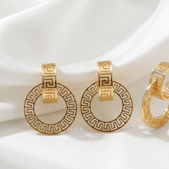 Greek Key Pattern Circle Drop Earrings Hollow Geometric Dangle Earrings Vintage Statement Hoop Earrings Retro Cutout Fashion Jewelry For Women Party Daily Styling
