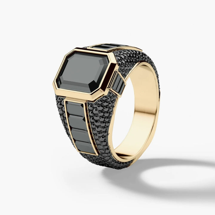Square Obsidian Wide‑Band Men Statement Ring, Heavy‑Duty Geometric Paved Band