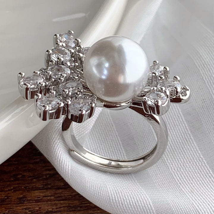 Sterling Silver Pearl Diamond Snowflake Statement Open Ring Luxury Round Pearl Cocktail Ring
