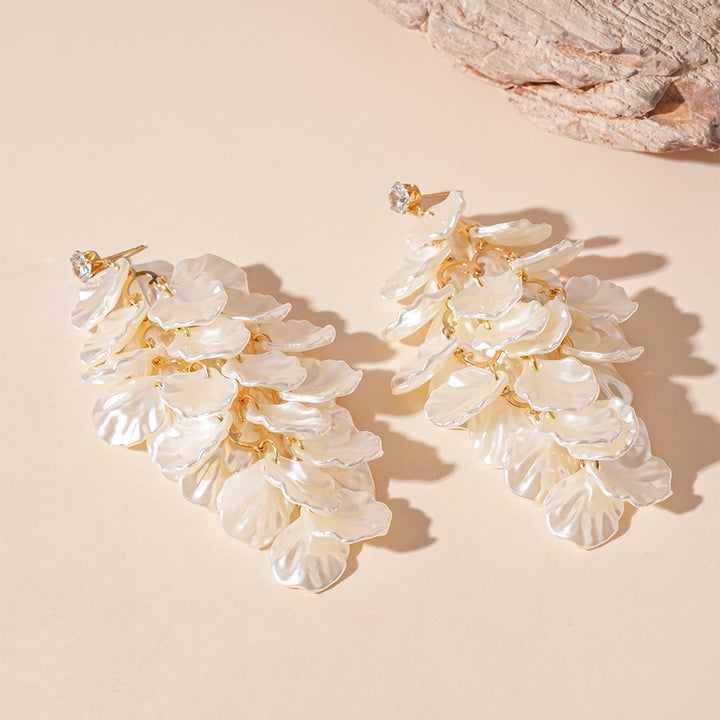 Shell Leaf Tassel Drop Earrings Women Pearlescent Layered Petal Vacation Statement Earrings