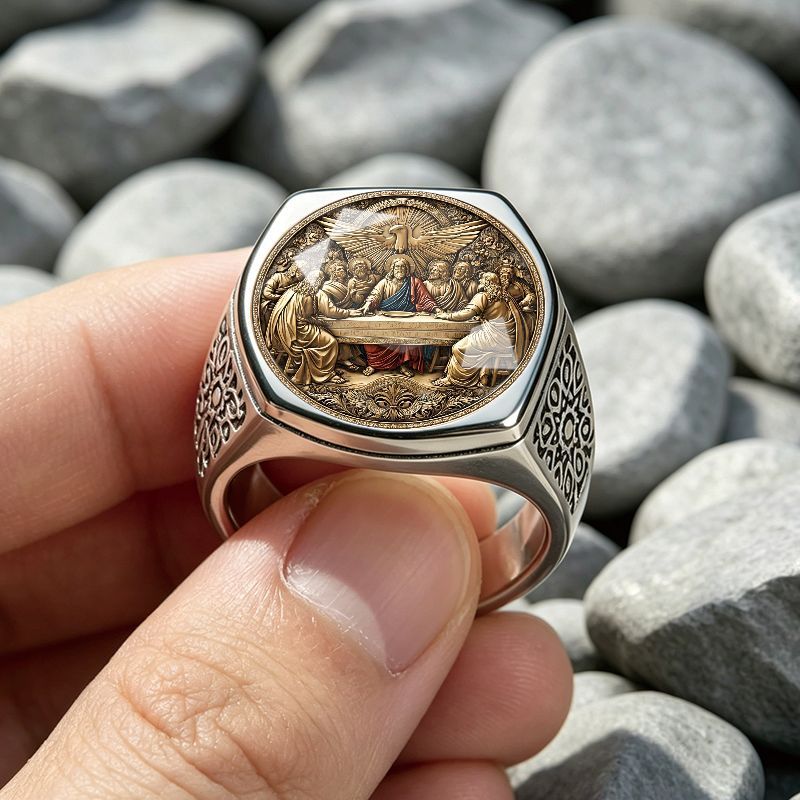 Religious Faith Signet Ring Hollow Pattern Band Vintage Spiritual Statement Ring For Men