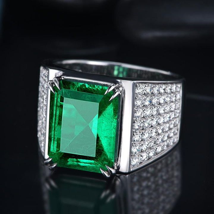 Wide‑Band Men’s Ring With Rectangular Emerald & Paved Diamonds Luxury Prong‑Set Statement Ring