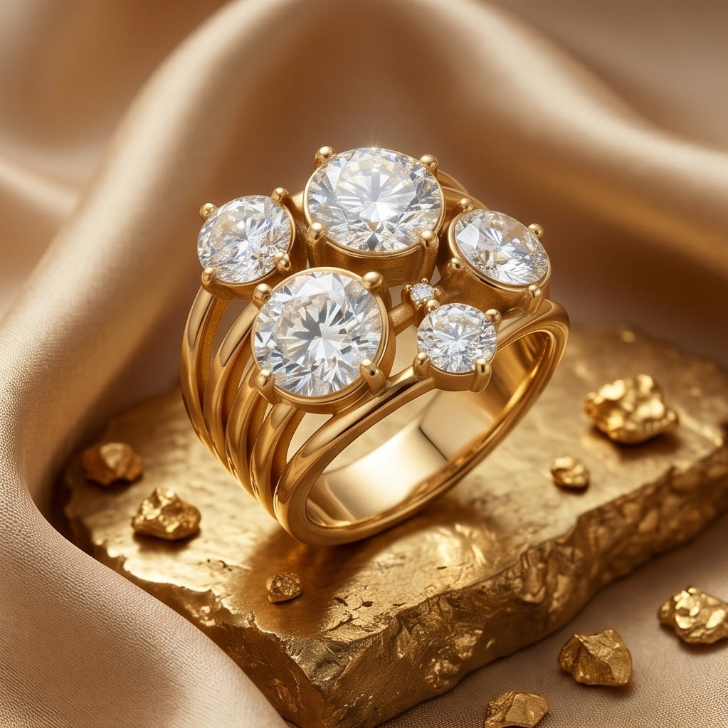 Twisted Multi‑Round‑Diamond Cluster Statement Ring For Women