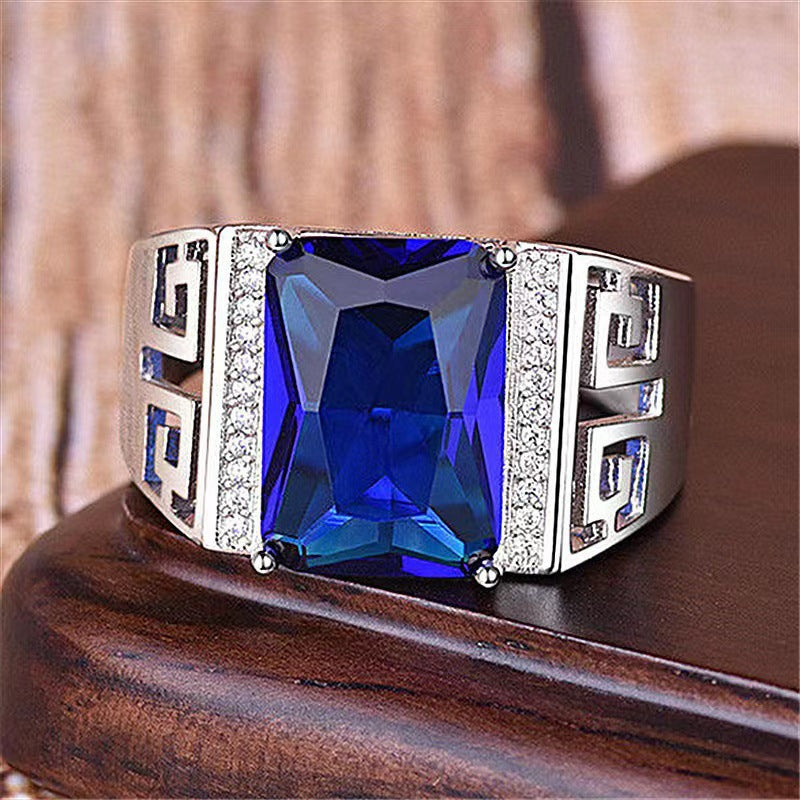Adjustable Open‑Band Hollow Greek‑Key Men’s Ring Wide Band With Gem & Diamond Accent