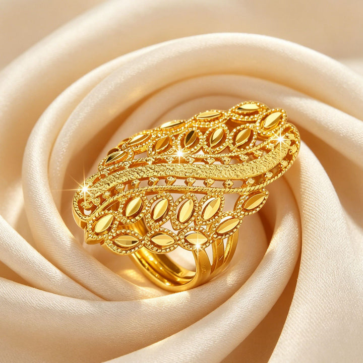 Hollow Leaf Filigree Ring Women Gold Openwork Adjustable Statement Jewelry Gift