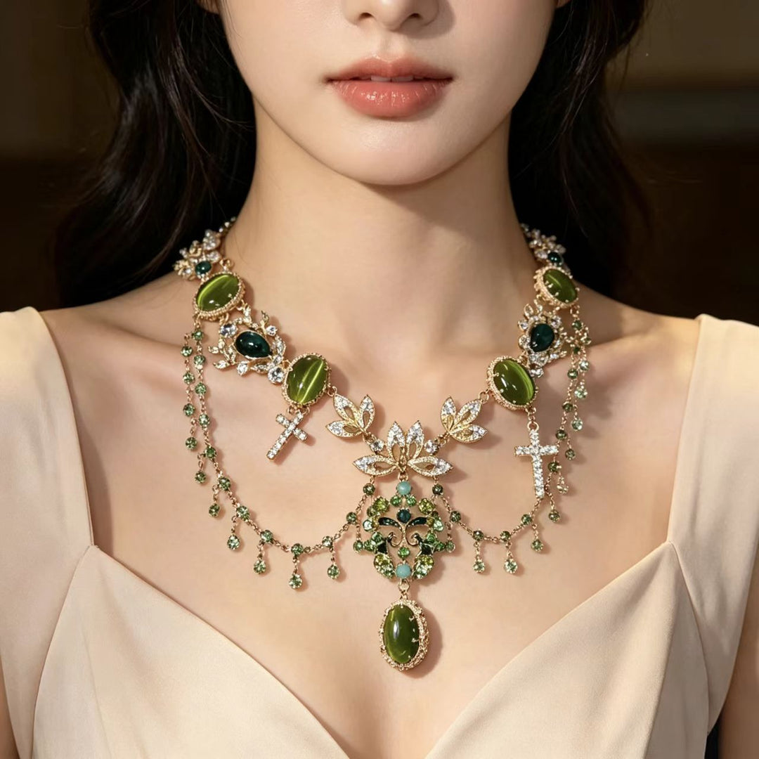 Louvre Inspired Beaded Diamond Statement Necklace Women Vintage Royal Luxury Old Money Style Choker Clavicle Chain Evening Party Fashion Jewelry Gift