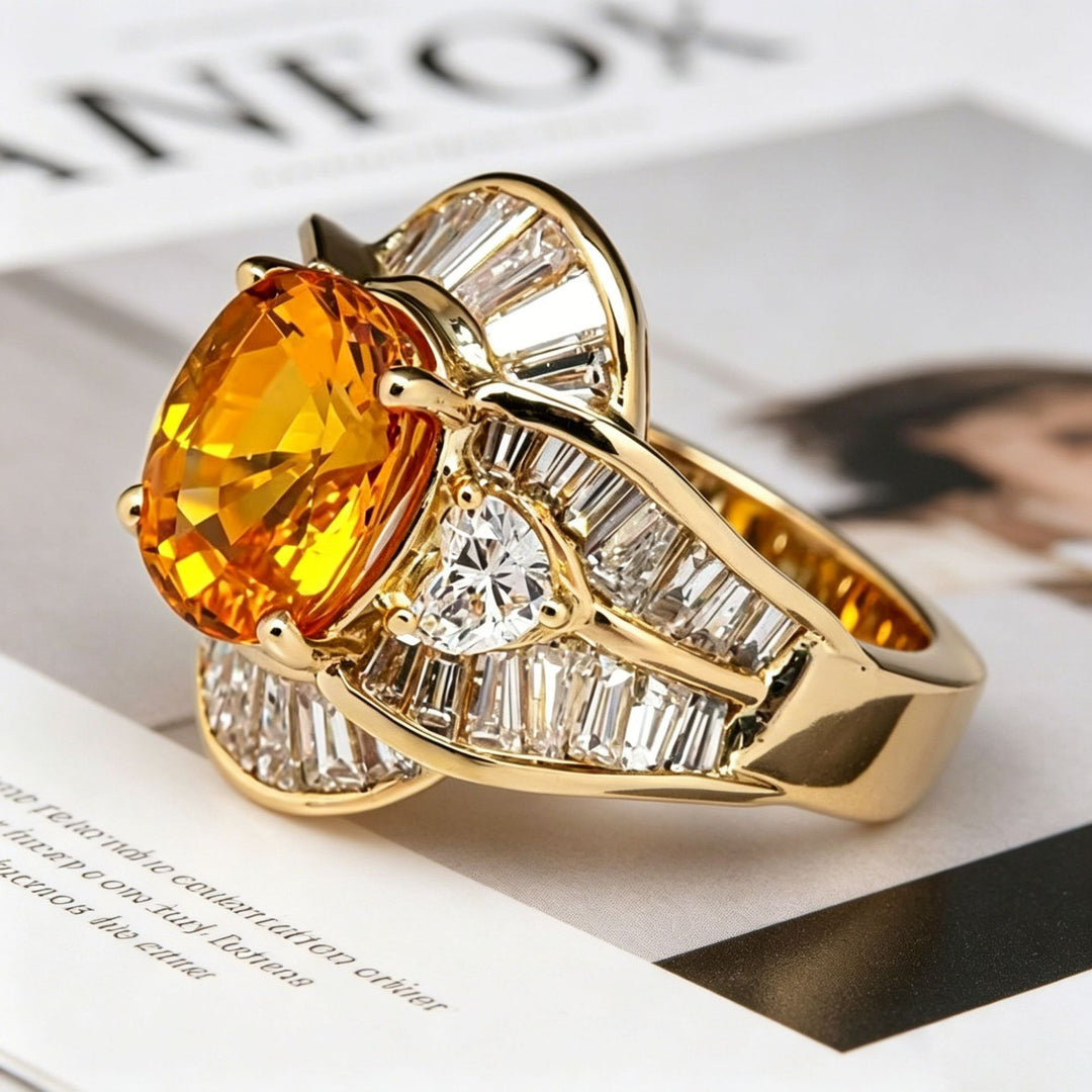 Oval Citrine Vintage Floral Women’s Ring Luxurious Halo‑Set Statement Ring