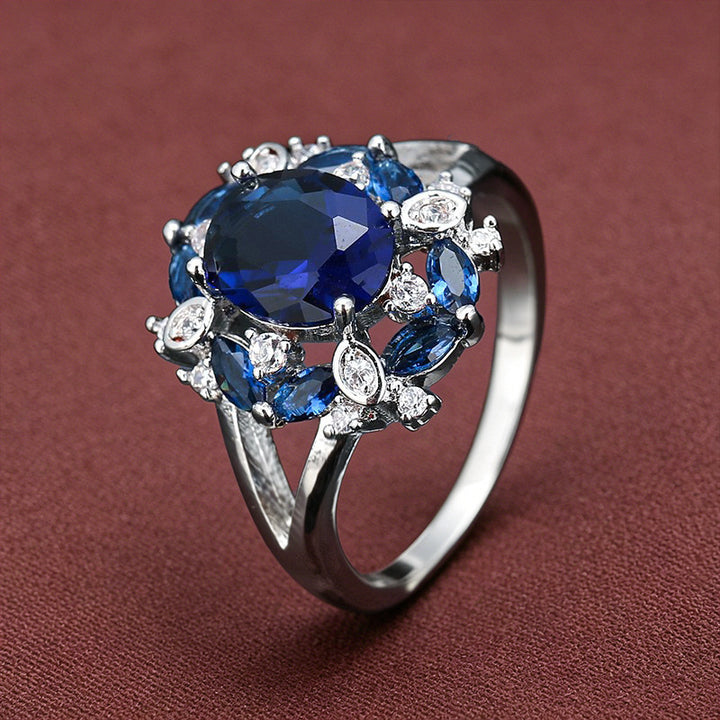 Blue Sapphire Cluster Ring Women Oval Center Stone Marquise Side Halo Diamond Cocktail Ring