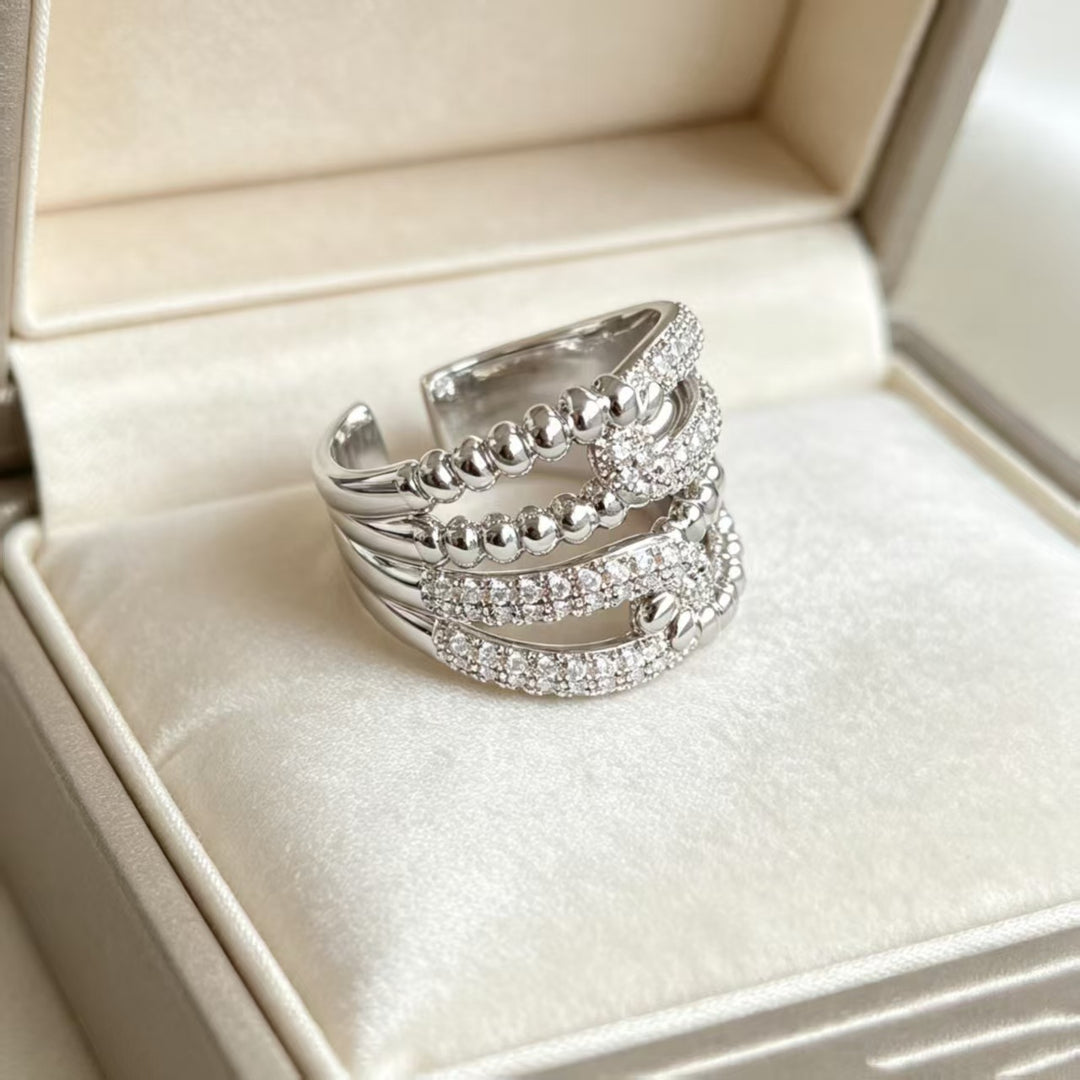 Multi‑layer Intertwined Beaded Full Diamond Open Ring Luxury Wide Band Women Ring