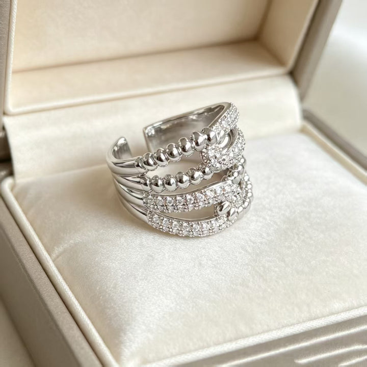 Multi‑layer Intertwined Beaded Full Diamond Open Ring Luxury Wide Band Women Ring
