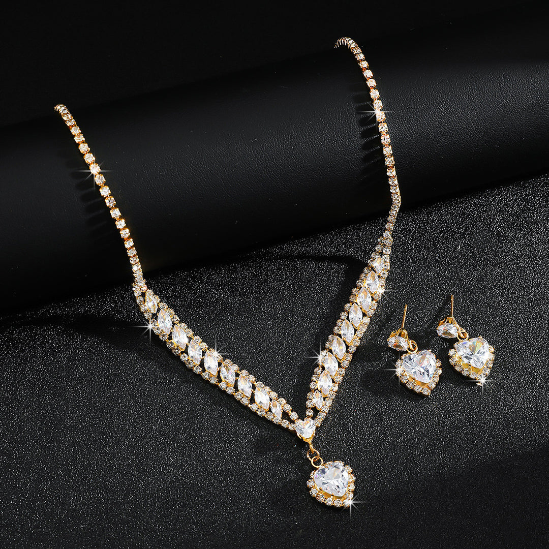 Heart Diamond Pendant V Shape Necklace Drop Earring 2Pcs Jewelry Set Bridal Wedding Party Statement Jewelry For Women