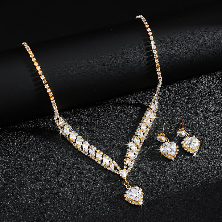 Heart Diamond Pendant V Shape Necklace Drop Earring 2Pcs Jewelry Set Bridal Wedding Party Statement Jewelry For Women