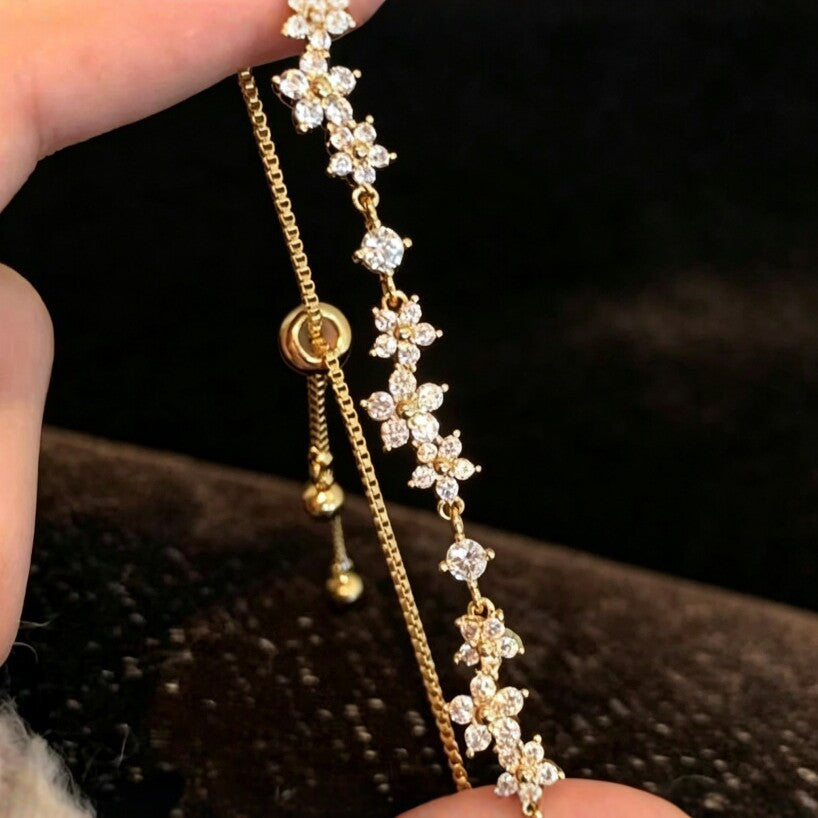 Delicate Floral Cluster Bracelet Adjustable Pull Slide Bolo Bracelet Dainty Sparkling Wrist Jewelry Wedding Bridal Stackable Bracelet Gift For Women