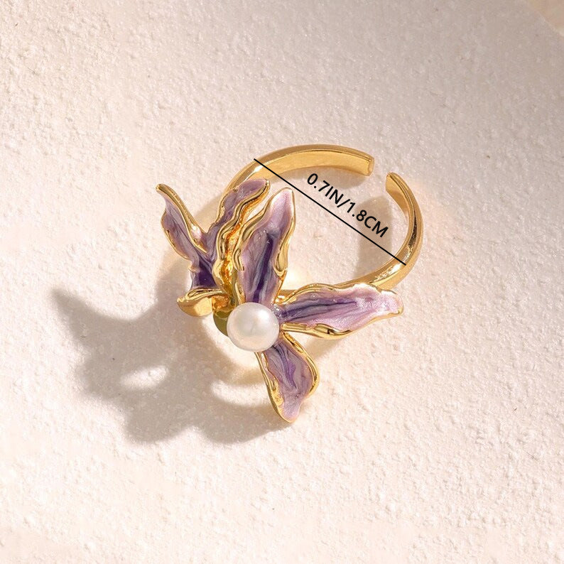 Purple Orchid Flower Ring Women Enamel Pearl Adjustable Open Gold Floral Ring