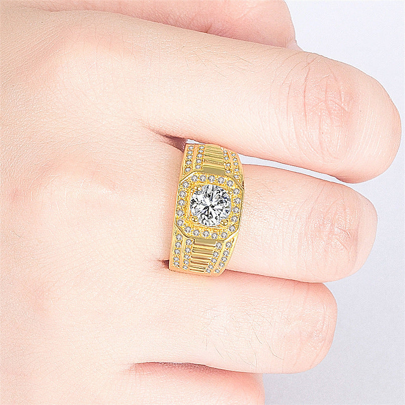 Luxury Wide Square Halo Center Stone Mens Diamond Band