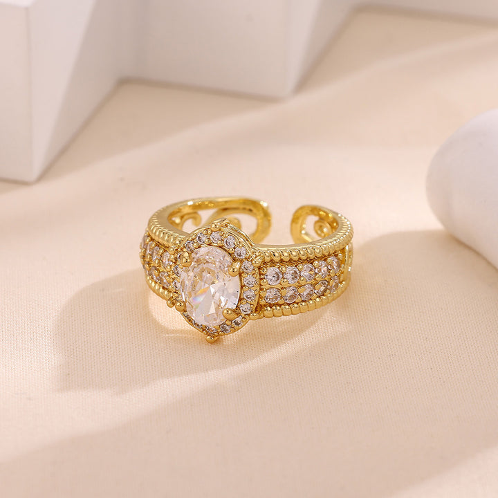 Vintage Royal Oval Diamond Open‑Band Ring Heavy Textured Pattern 14K Gold Women Ring