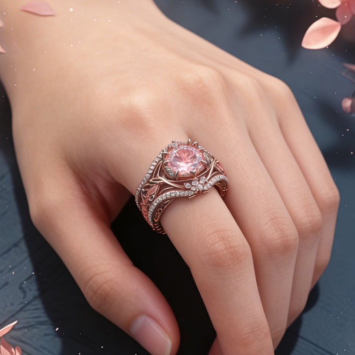 Pink Diamond Vine Flower Engagement Ring Women Rose Gold Floral Leaf Crown Openwork Promise Ring