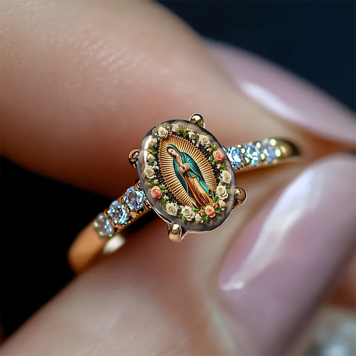 Our Lady of Guadalupe Floral Portrait Diamond Ring Vintage Religious Women Ring