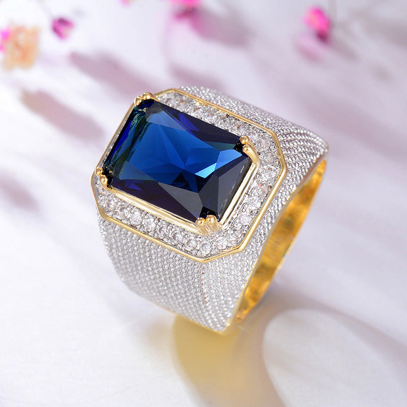 Vintage Square Sapphire Men's Ring Pave‑Set Diamond Two‑Tone Heavy‑Weight Band