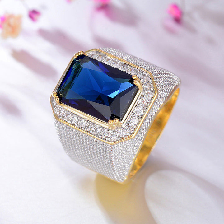 Vintage Square Sapphire Men's Ring Pave‑Set Diamond Two‑Tone Heavy‑Weight Band