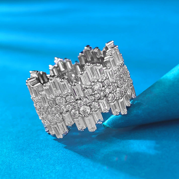 Baguette & Round‑Cut Diamond Wavy Wide Band Ring Heavy‑Set Open‑Work Luxury Ring