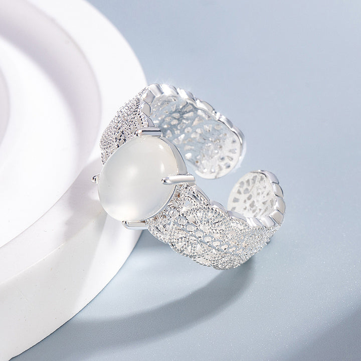 Openwork Filigree Chalcedony Ring Women Silver Hollow Carved Adjustable Elegant Jewelry