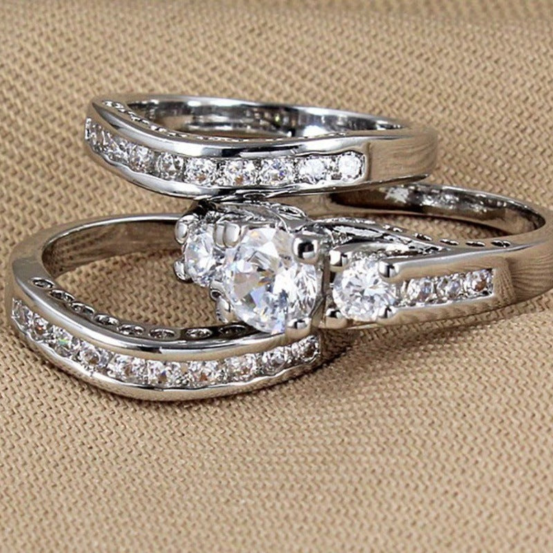 Three Stone Diamond Ring Set Matching Stackable Wedding Band Bridal Ring Set For Women