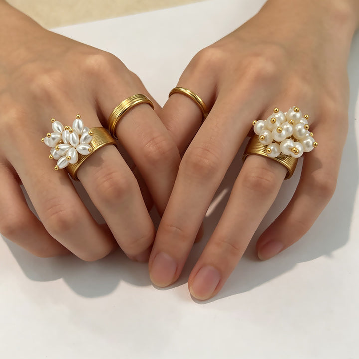 Freshwater Pearl Cluster Statement Open Ring Floral Pearl Wide Band Ring