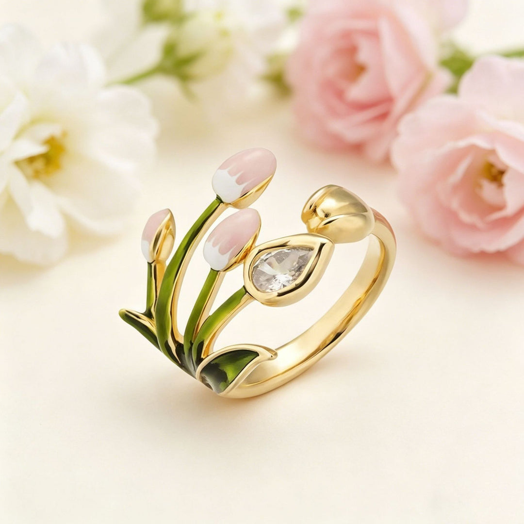 Enamel Tulip Flower Open Ring Women Green Stem Pink Bud Botanical Diamond Statement Ring