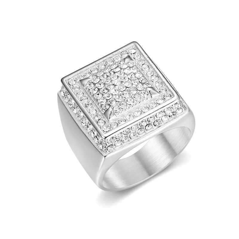 Men's Square Signet Ring Pave Diamond Wide Band Hip Hop Pinky Ring Gold Silver Two Tone
