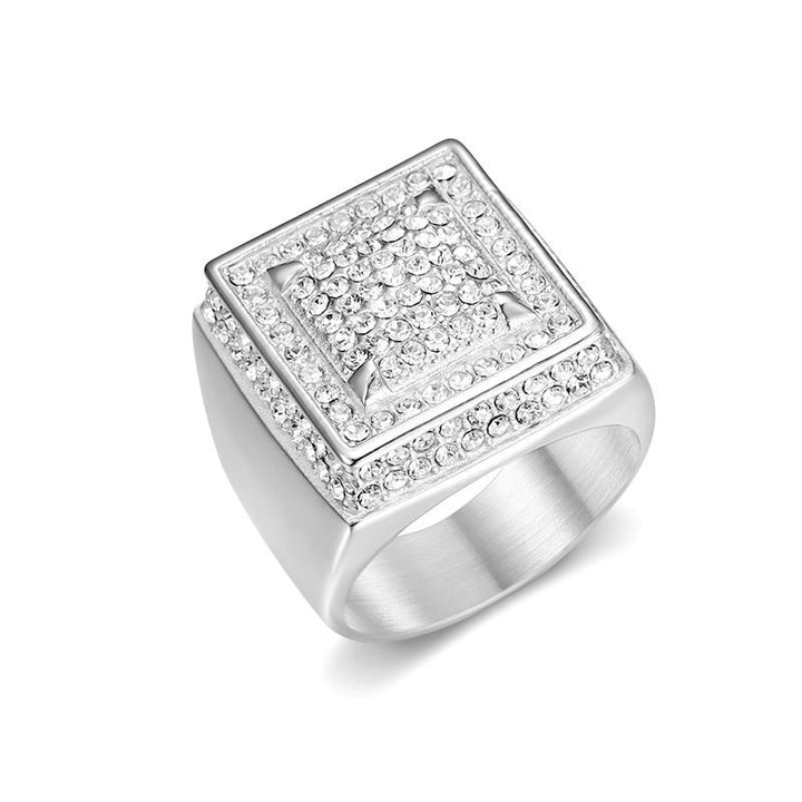 Men's Square Signet Ring Pave Diamond Wide Band Hip Hop Pinky Ring Gold Silver Two Tone