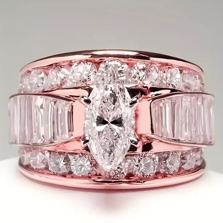 Marquise Center Stone Multi Layer Wide Band Sterling Silver Ring Baguette Diamond Unisex Ring