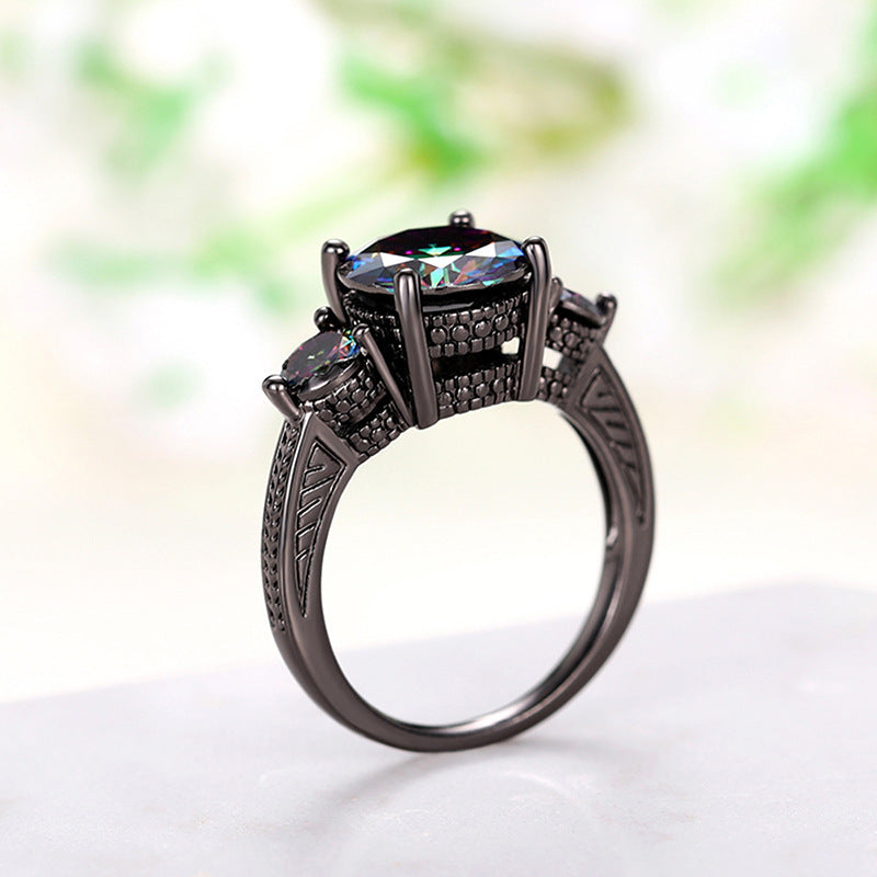 Mystic Rainbow Three Stone Ring Women Black Gold Gothic Vintage Cocktail Ring