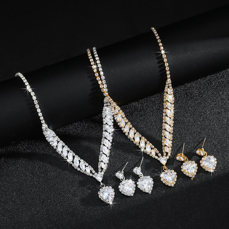 Heart Diamond Jewelry Set Women V Shape Necklace Drop Earring Formal Wedding Party Statement Jewellery