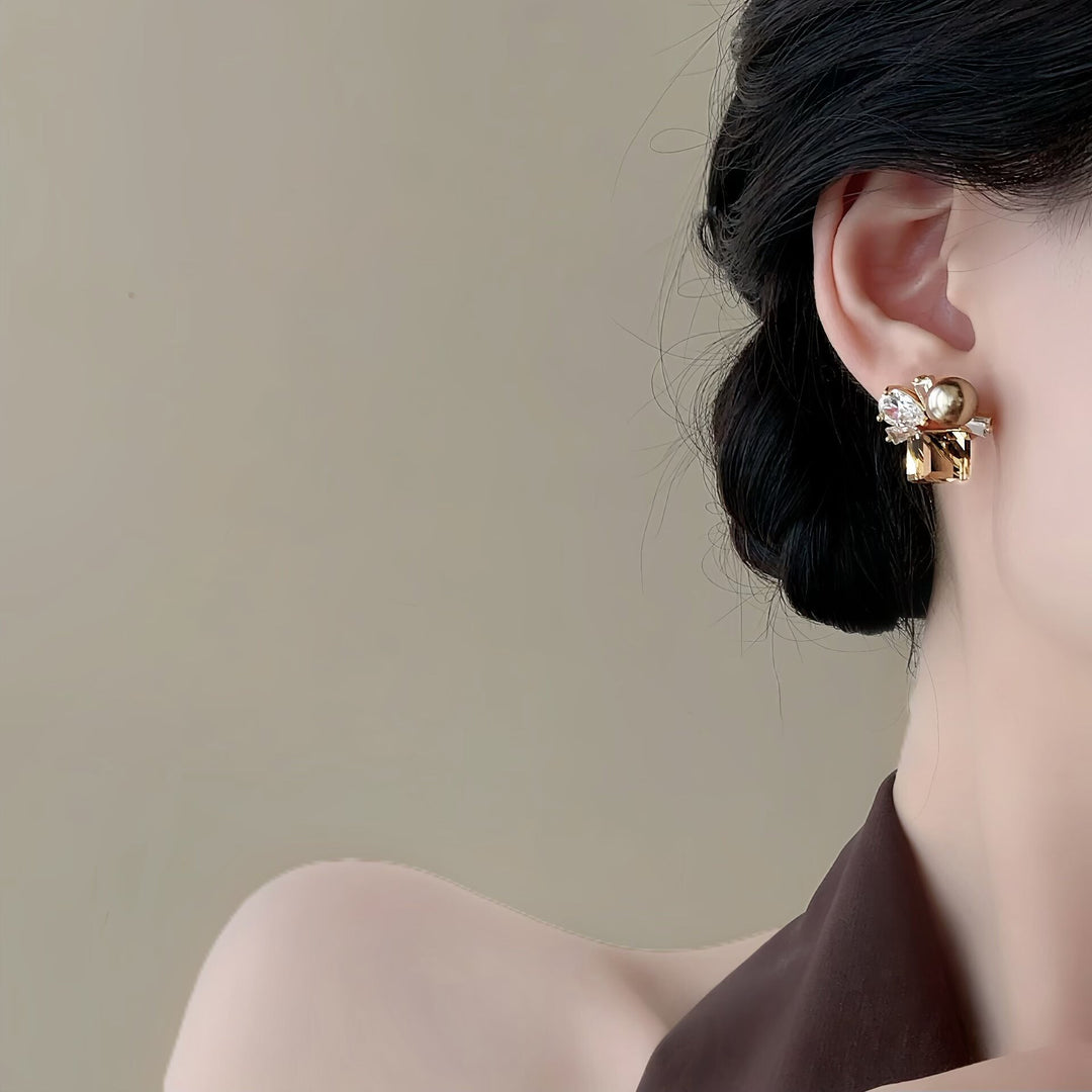 Vintage Caramel Gemstone Pearl Splicing Luxury Womens Stud Earrings