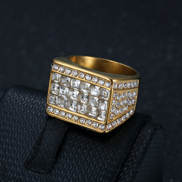 Hip Hop Full Diamond Square Titanium Steel Men Ring, European Trend Wide Band Diamond Ring