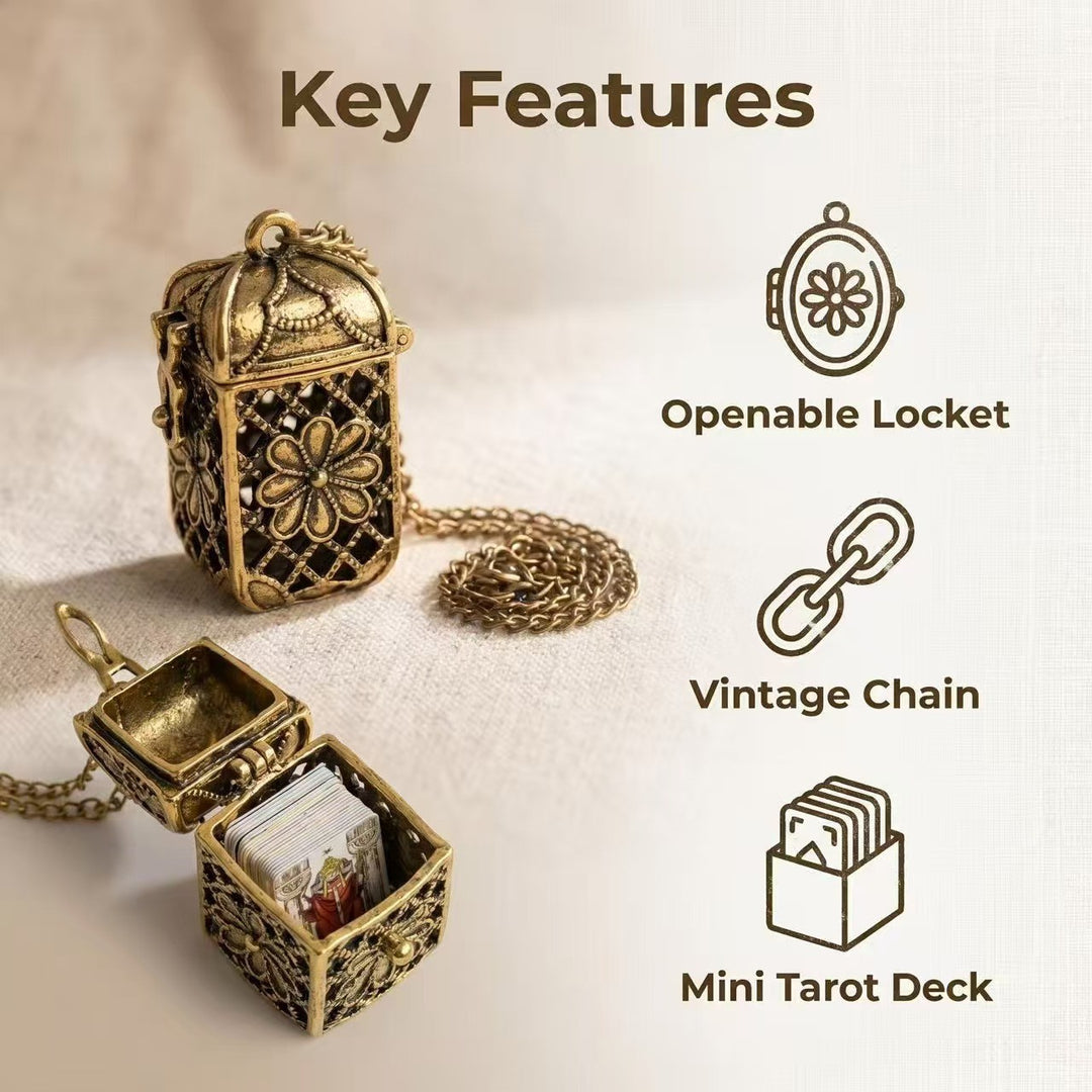 Vintage Floral Hollow Locket Openable Pendant Necklace, Storage Locket with Mini Tarot Cards