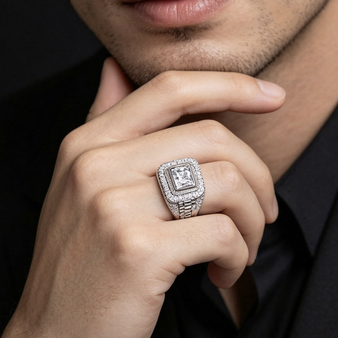 Hip Hop Two‑Tone Square Full Stone Bold Wide Band Mens Ring