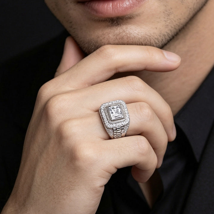 Hip Hop Two‑Tone Square Full Stone Bold Wide Band Mens Ring