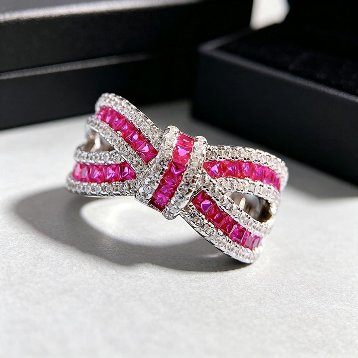 Bow‑Shaped Fuchsia Gem Diamond Wide Band Ring Hollow Intertwined Vintage Women’s Ring
