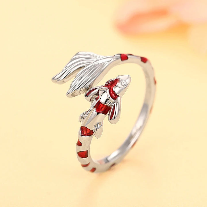 Lucky Koi Fish Open Wrap Ring Red Enamel Fish Statement Ring Sterling Silver Ring Two Tone Adjustable Animal Ring For Women Japanese Style Luck Jewelry Gift