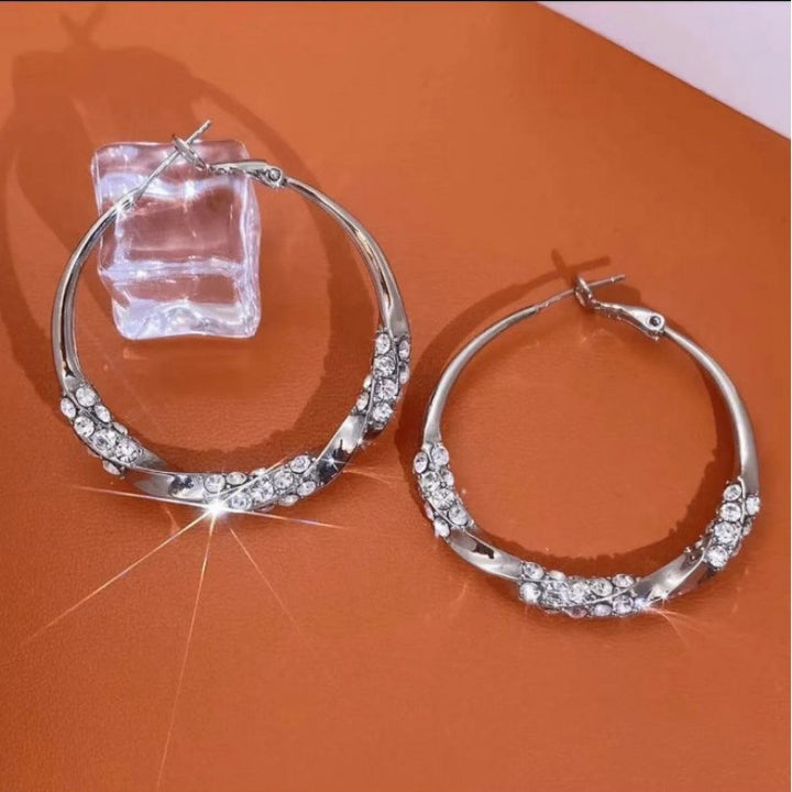 Silver Diamond Hoop Earrings Women Twisted Big Circle Sparkling Dazzling Jewelry Gift