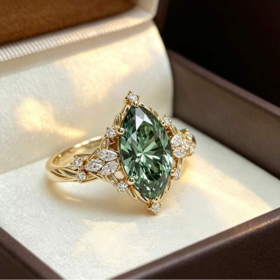 Marquise Cut Green Gem Ring Vintage Leaf Halo Ring Engagement Promise Ring Ornate Statement Fine Jewelry