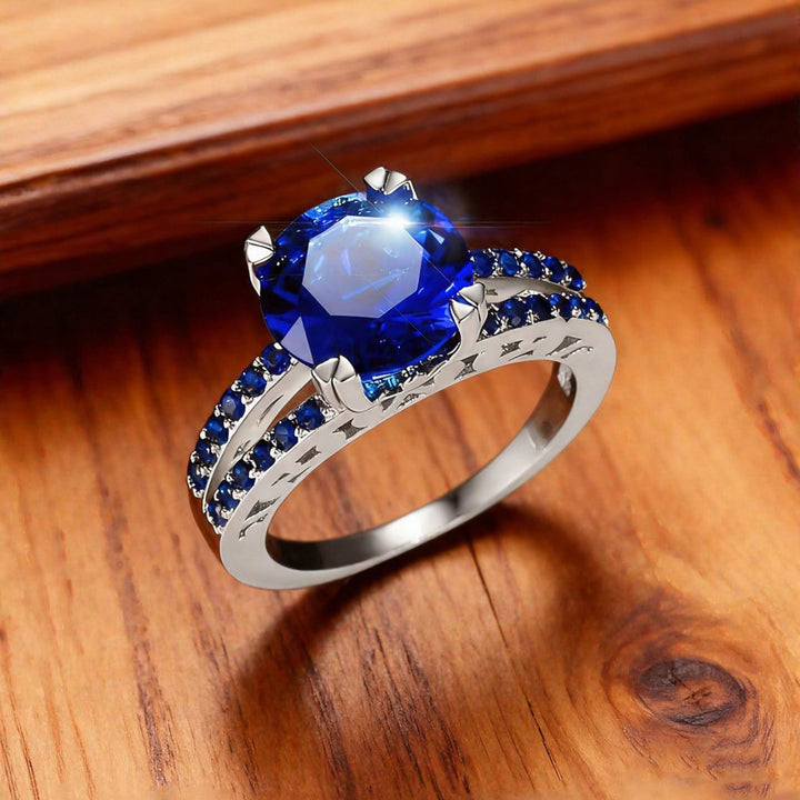 Round‑Cut Sapphire Double‑Shank Sterling Silver Ring Luxurious Elegant Women’s Band
