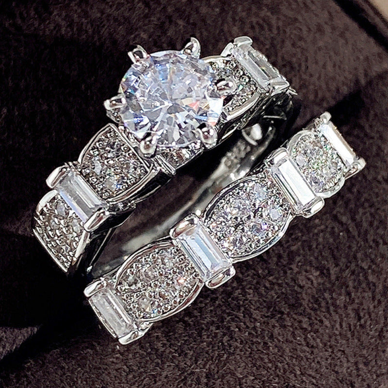 Two‑Piece Stackable Ring Set, Round‑Cut Center Diamond With Paved & Baguette‑Cut Accent Diamonds