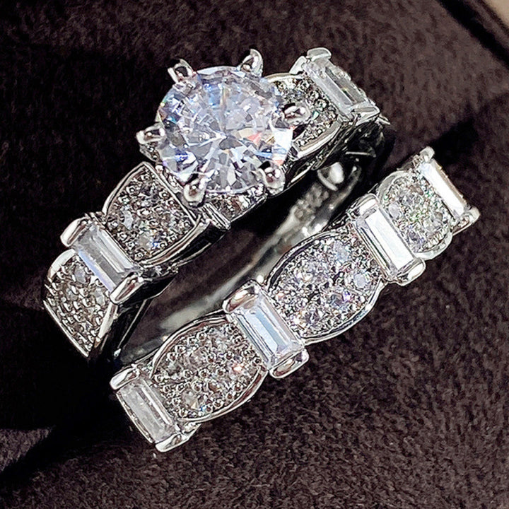 Two‑Piece Stackable Ring Set, Round‑Cut Center Diamond With Paved & Baguette‑Cut Accent Diamonds