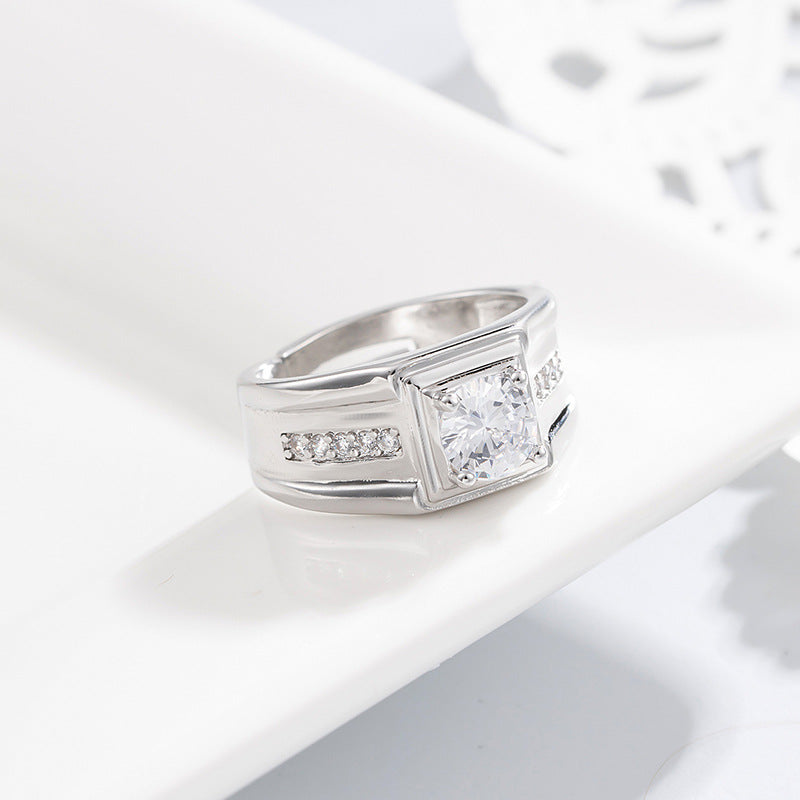 Square Center Stone Adjustable Men's Ring, Business Wide Band Diamond Ring