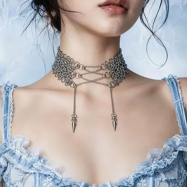 Multi‑Layer Woven Chain Spike Pendant Choker Punk Subculture Stylish Women Choker Necklace